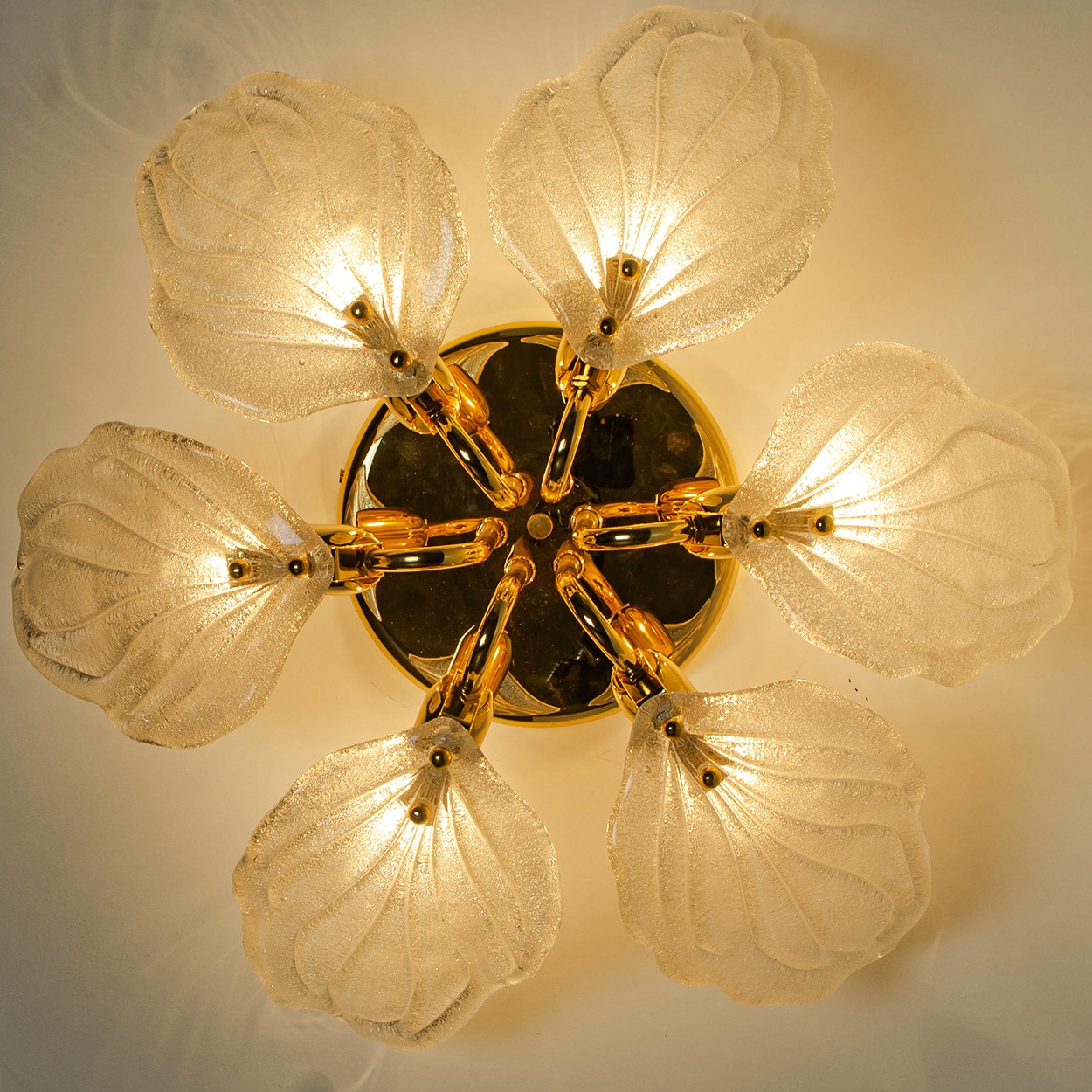 Beautiful Murano Glass and Brass six Leaves Chandelier, 1960s