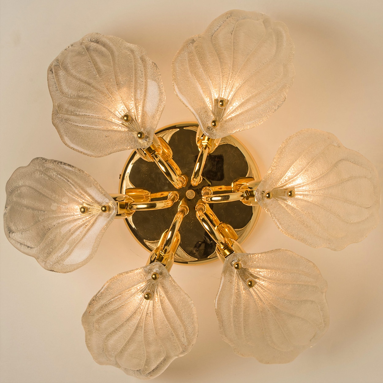 Beautiful Murano Glass and Brass six Leaves Chandelier, 1960s