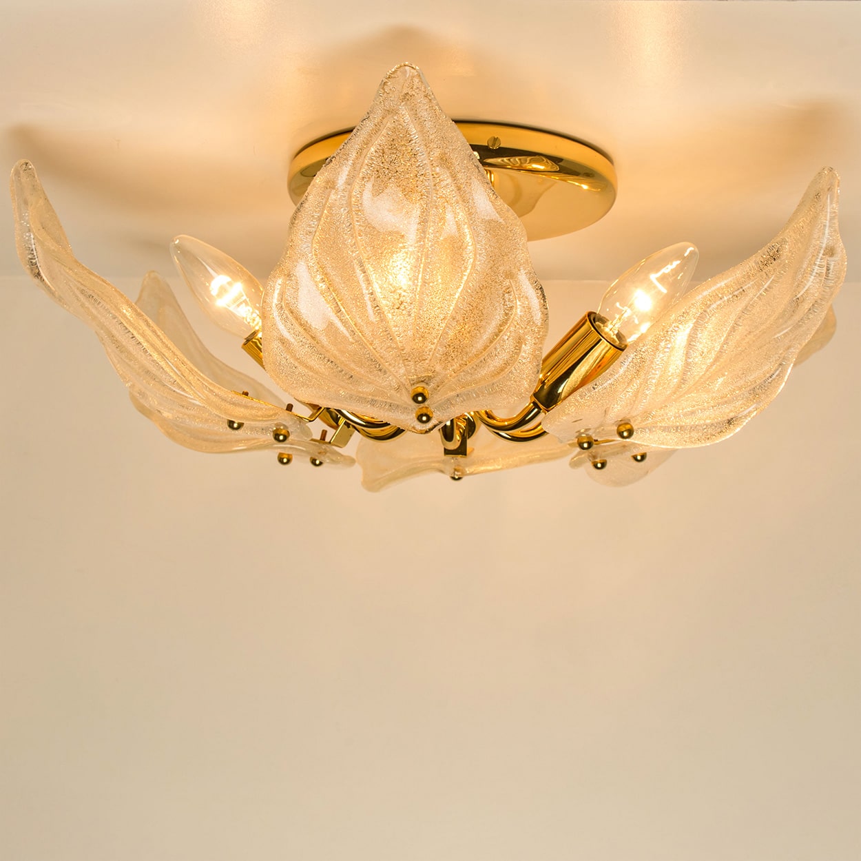 Beautiful Murano Glass and Brass six Leaves Chandelier, 1960s