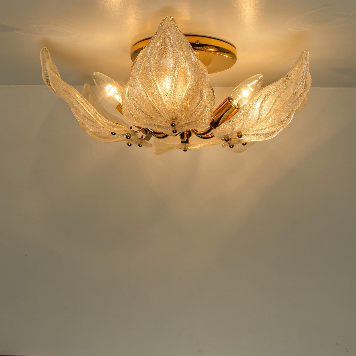 Beautiful Murano Glass and Brass six Leaves Chandelier, 1960s