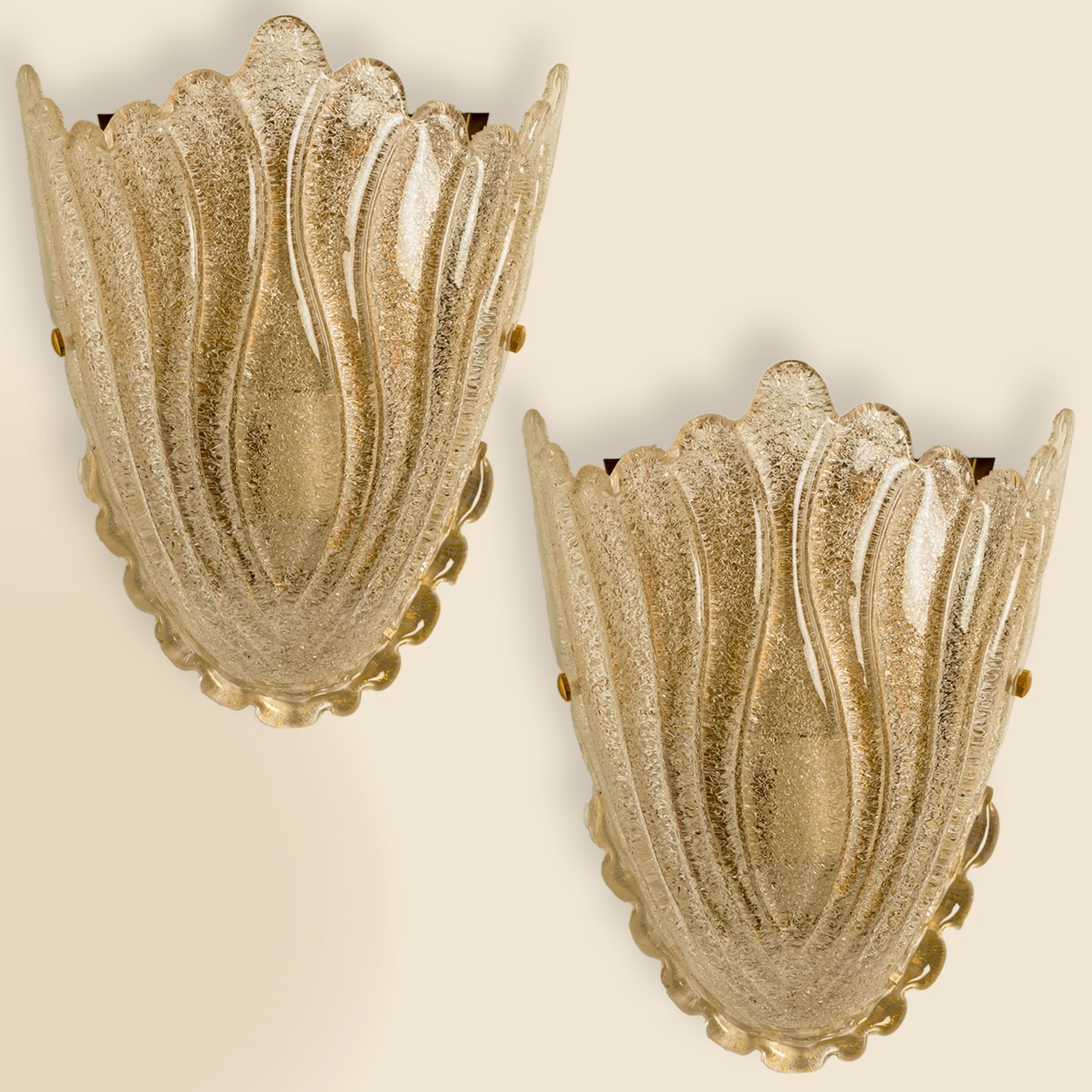 Pair of Golden Murano Glass Shell Wall Sconces, Italy 1960s