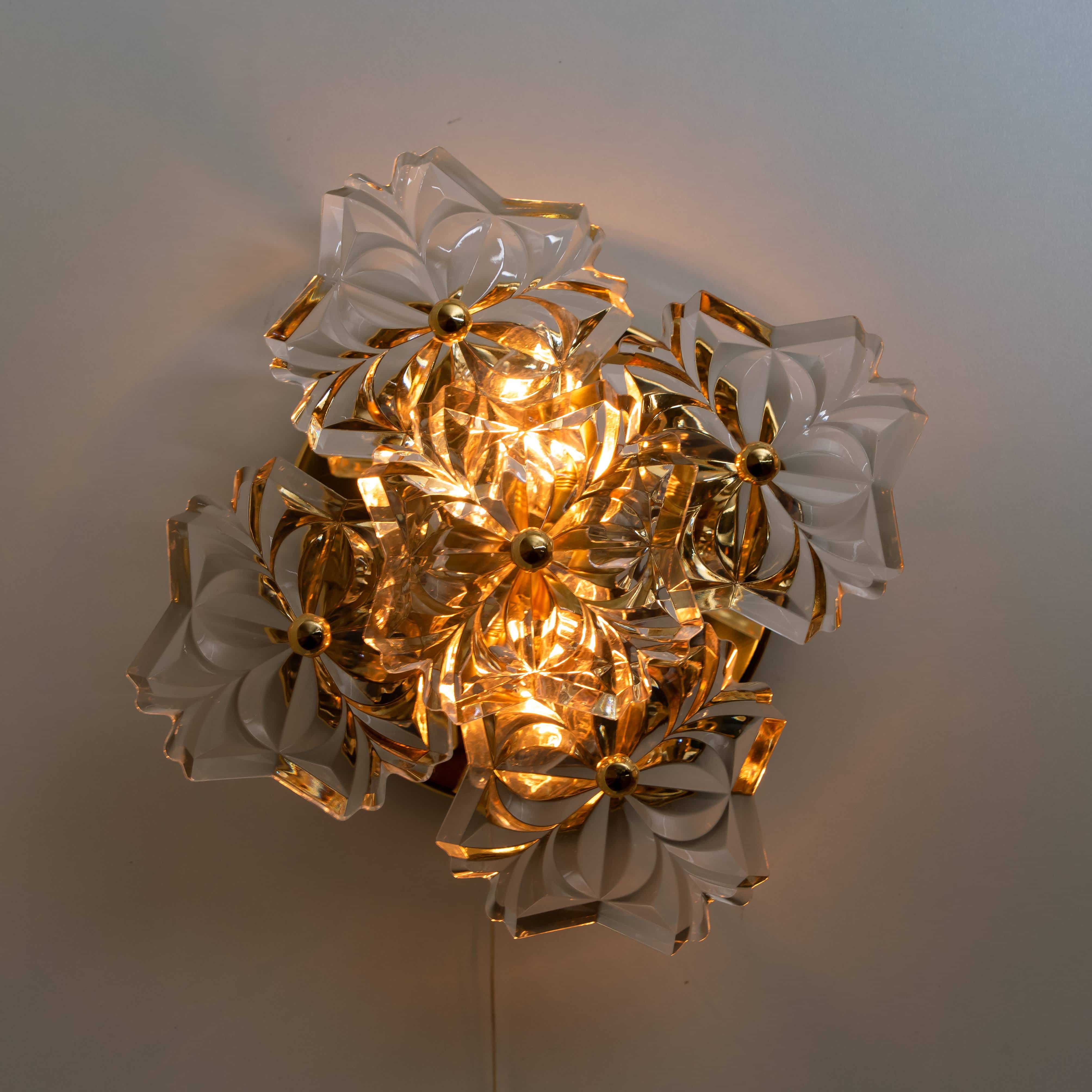 Pair of Mid Century Brass Floral Wall Lights by Hillebrand, 1970s