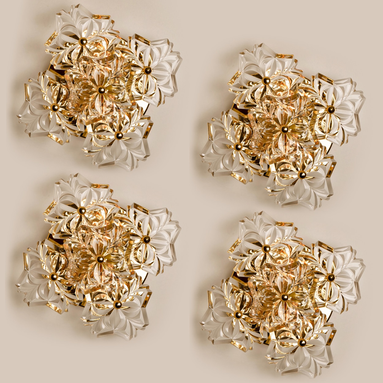 Pair of Mid Century Brass Floral Wall Lights by Hillebrand, 1970s