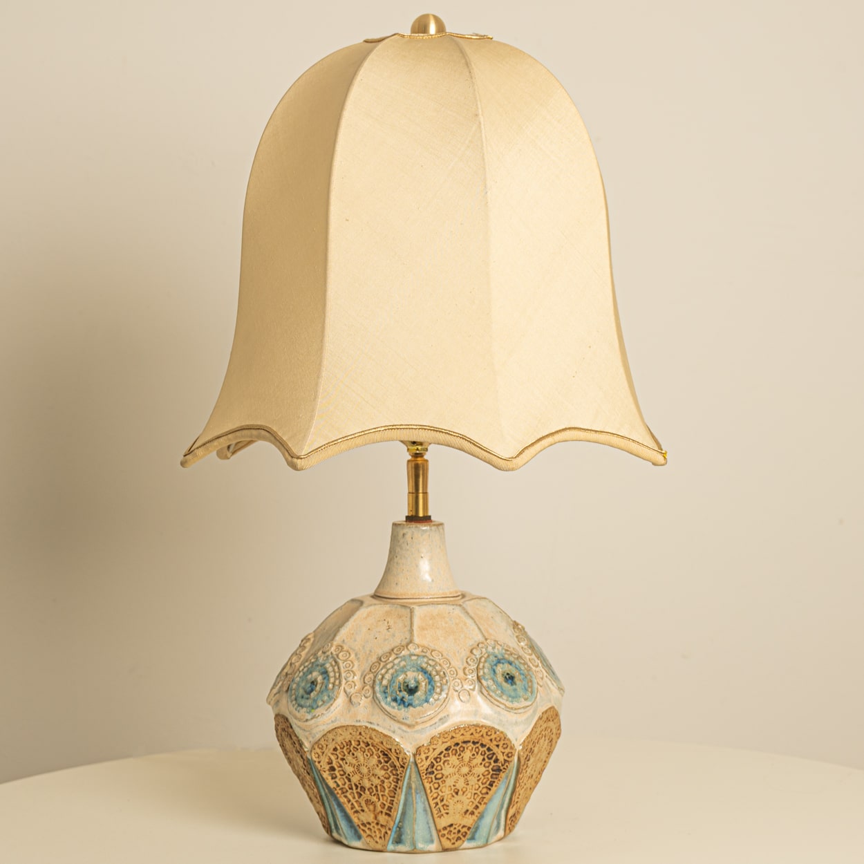 Round Ceramic Table Lamp with Custom Blue Silk Lampshade by René Houben