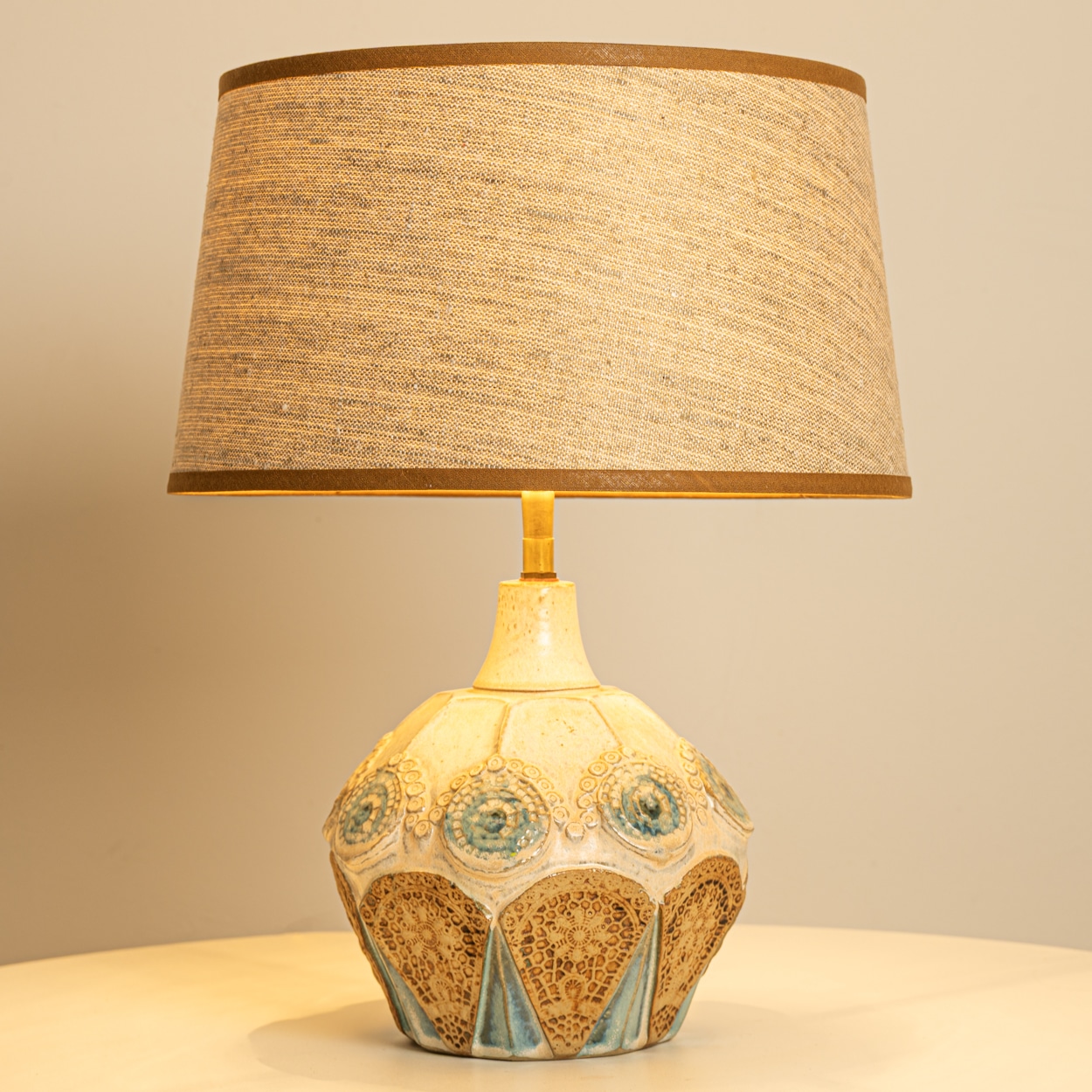 Round Ceramic Table Lamp with Custom Blue Silk Lampshade by René Houben