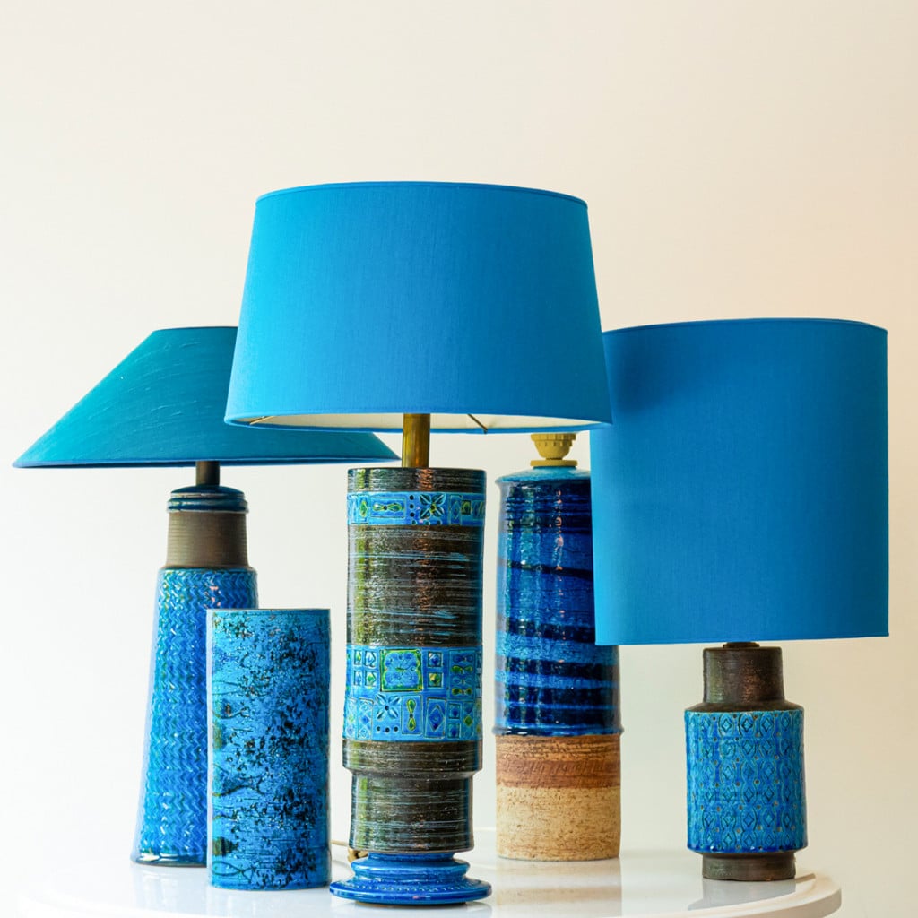 Aqua and Brown Ceramic Table Lamp, Blue Silk Lampshade by R. Houben, 1950