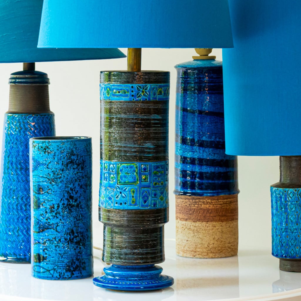 Aqua and Brown Ceramic Table Lamp, Blue Silk Lampshade by R. Houben, 1950