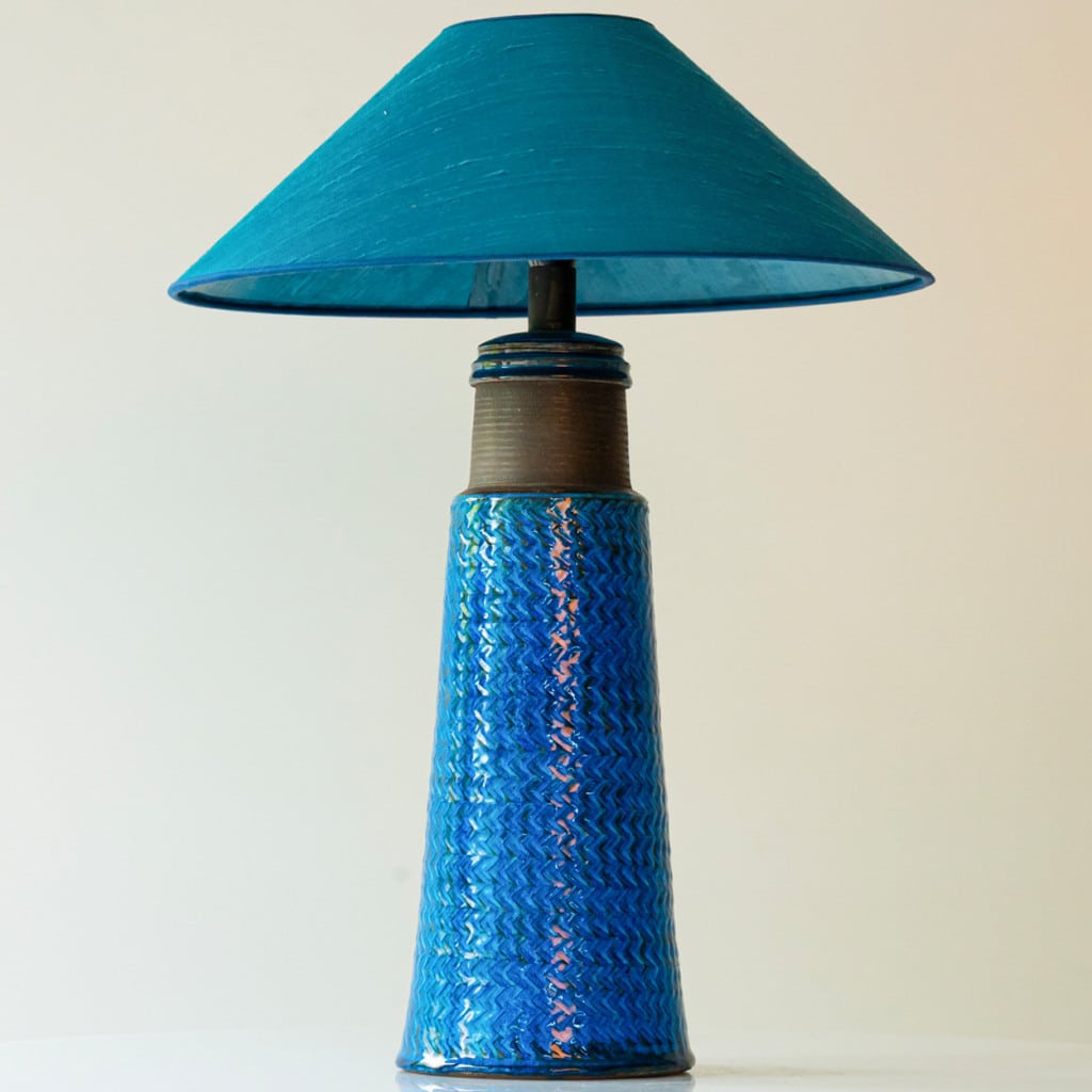 Aqua and Brown Ceramic Table Lamp, Blue Silk Lampshade by R. Houben, 1950