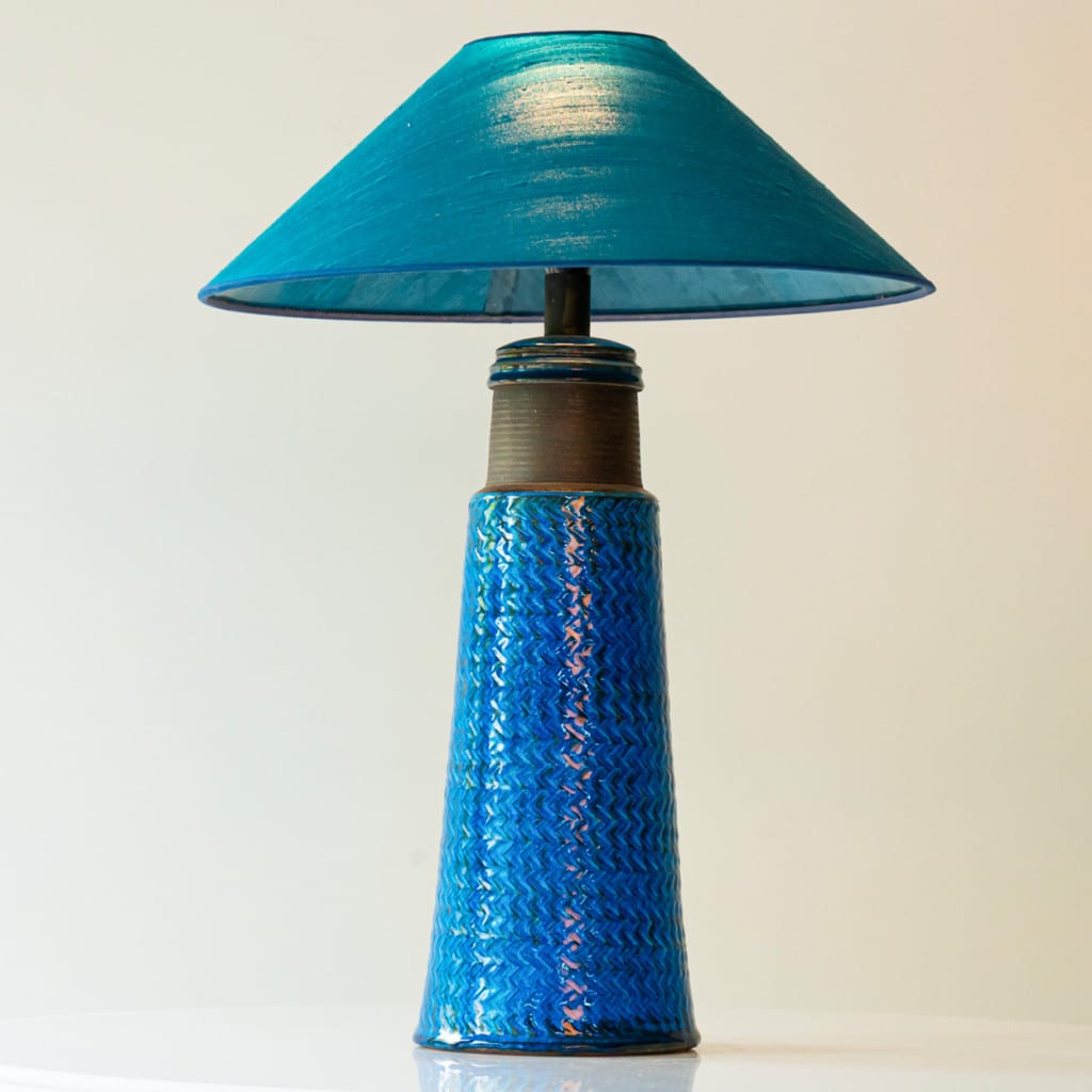 Aqua and Brown Ceramic Table Lamp, Blue Silk Lampshade by R. Houben, 1950