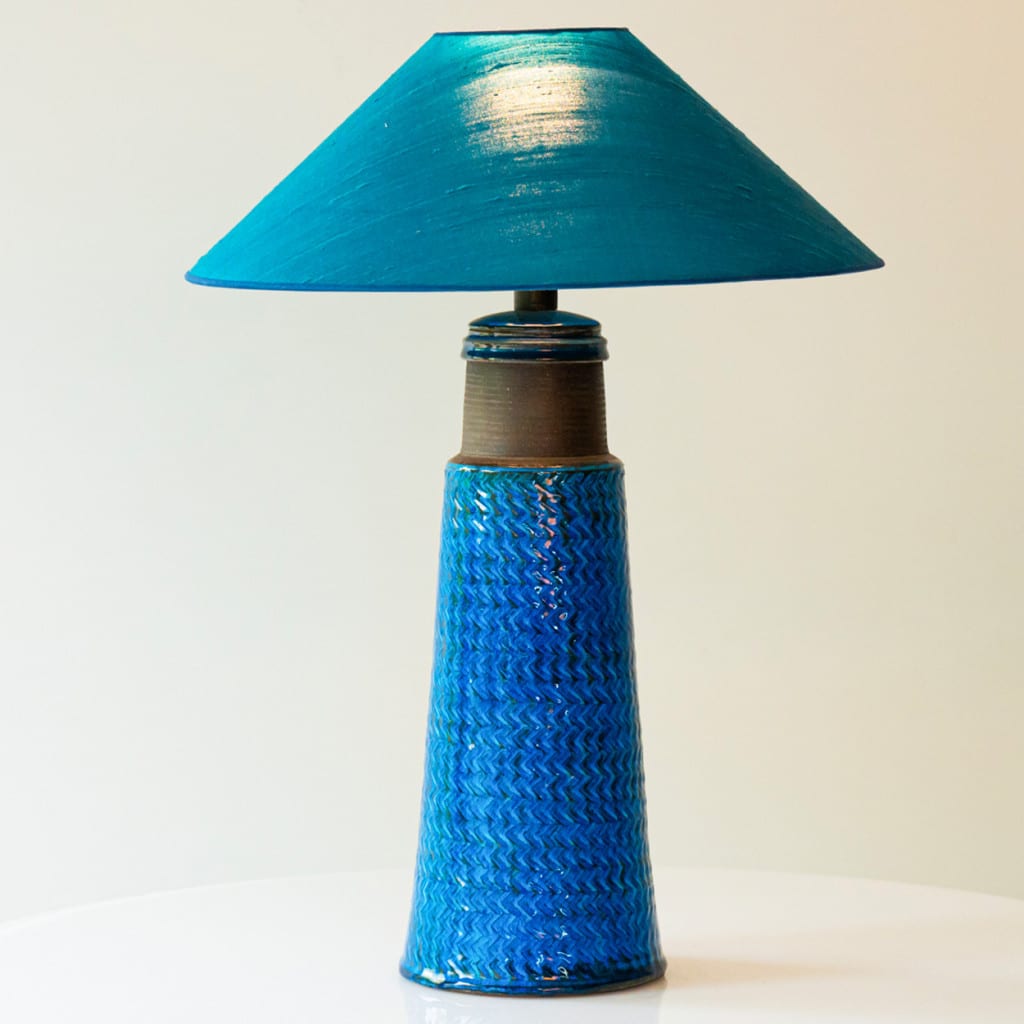 Aqua and Brown Ceramic Table Lamp, Blue Silk Lampshade by R. Houben, 1950