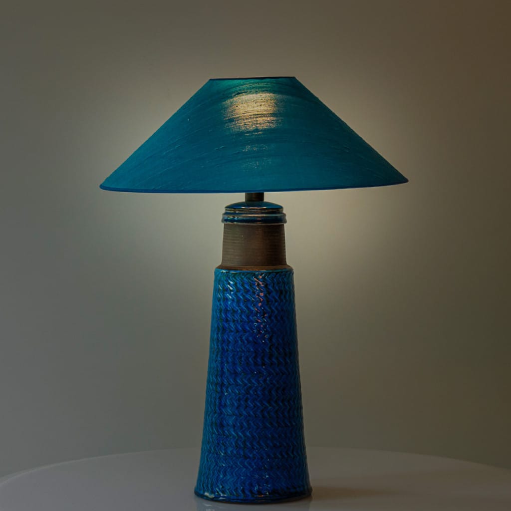 Aqua and Brown Ceramic Table Lamp, Blue Silk Lampshade by R. Houben, 1950