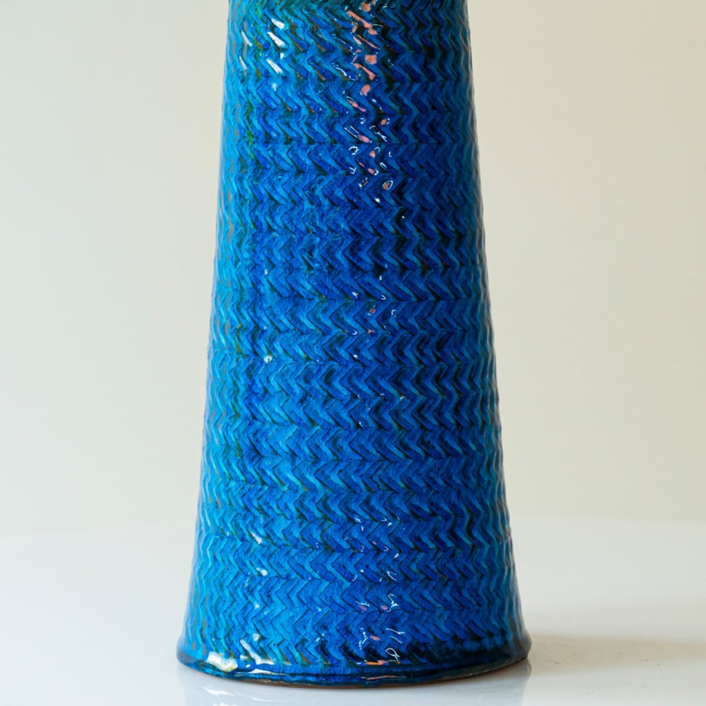 Aqua and Brown Ceramic Table Lamp, Blue Silk Lampshade by R. Houben, 1950