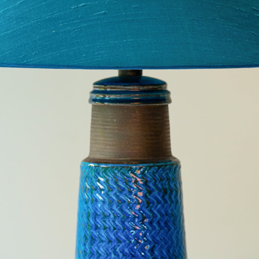 Aqua and Brown Ceramic Table Lamp, Blue Silk Lampshade by R. Houben, 1950