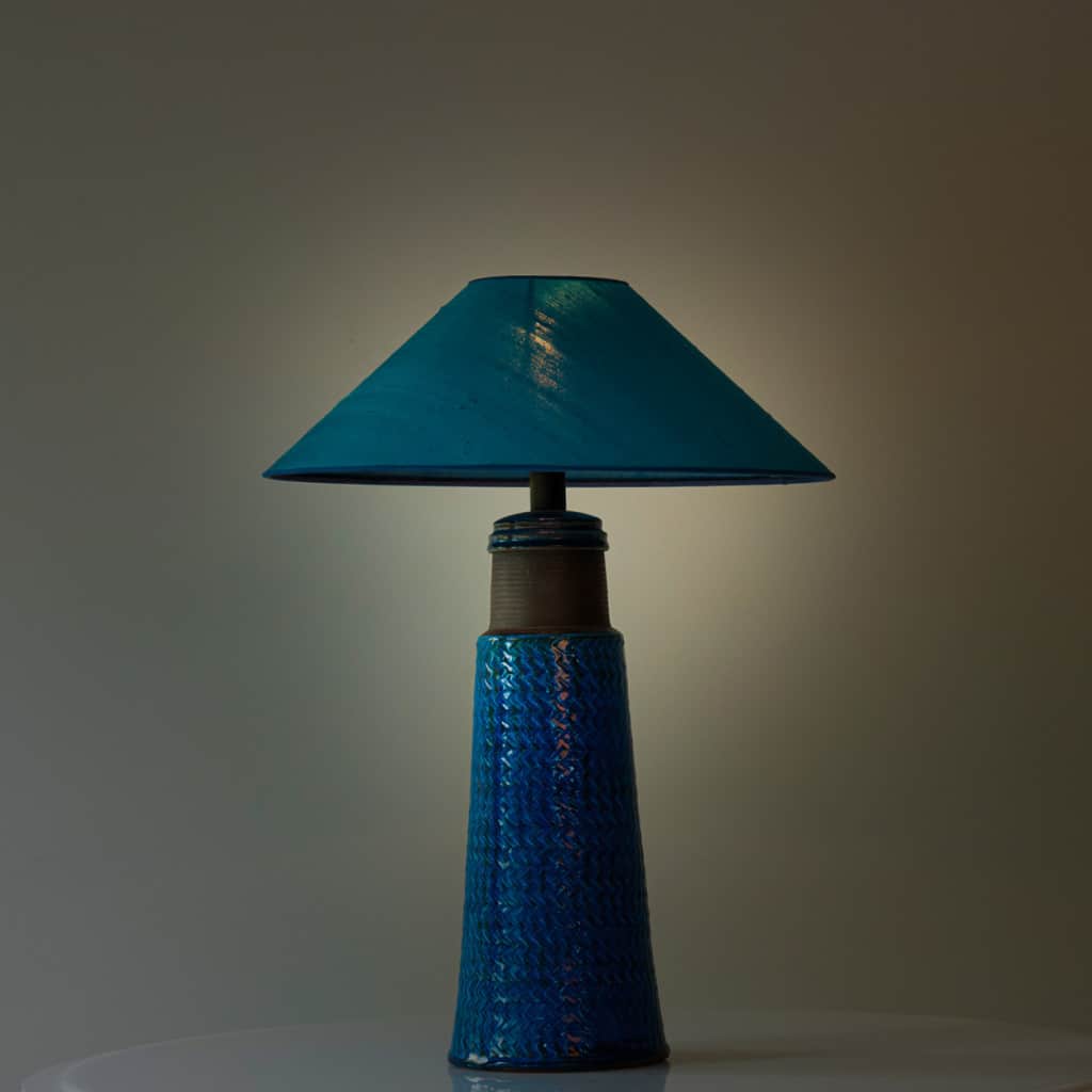 Aqua and Brown Ceramic Table Lamp, Blue Silk Lampshade by R. Houben, 1950