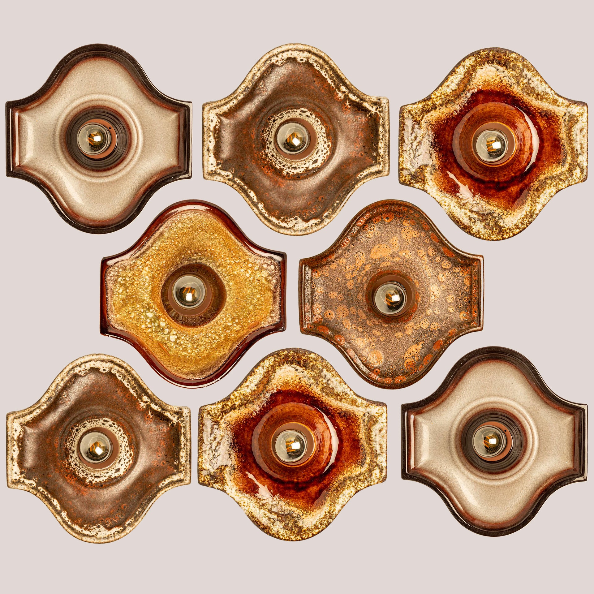 Set of 2 Ochre Oval Ceramic Wall Lights Fat Lava Style, 1970