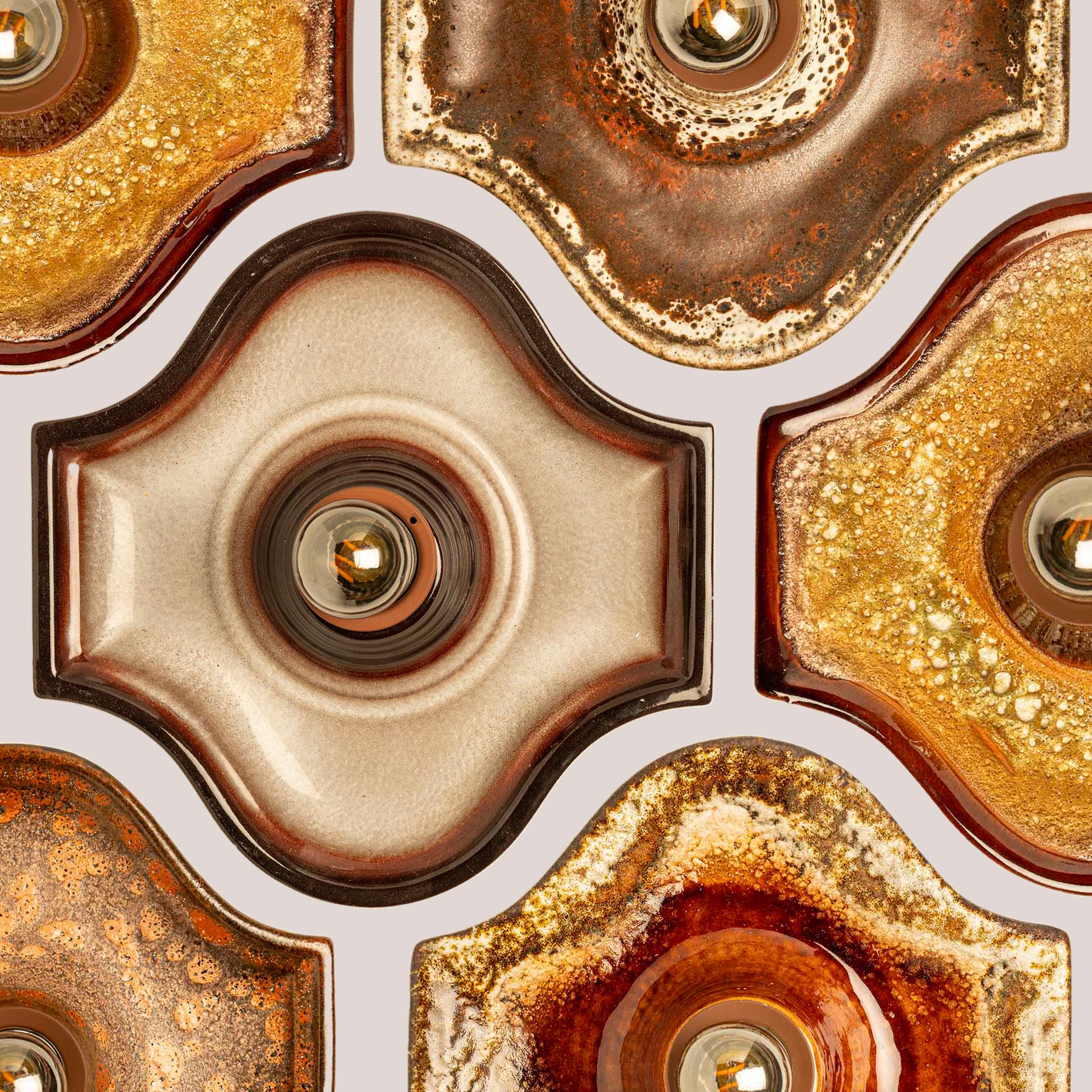 Set of 2 Ochre Oval Ceramic Wall Lights Fat Lava Style, 1970