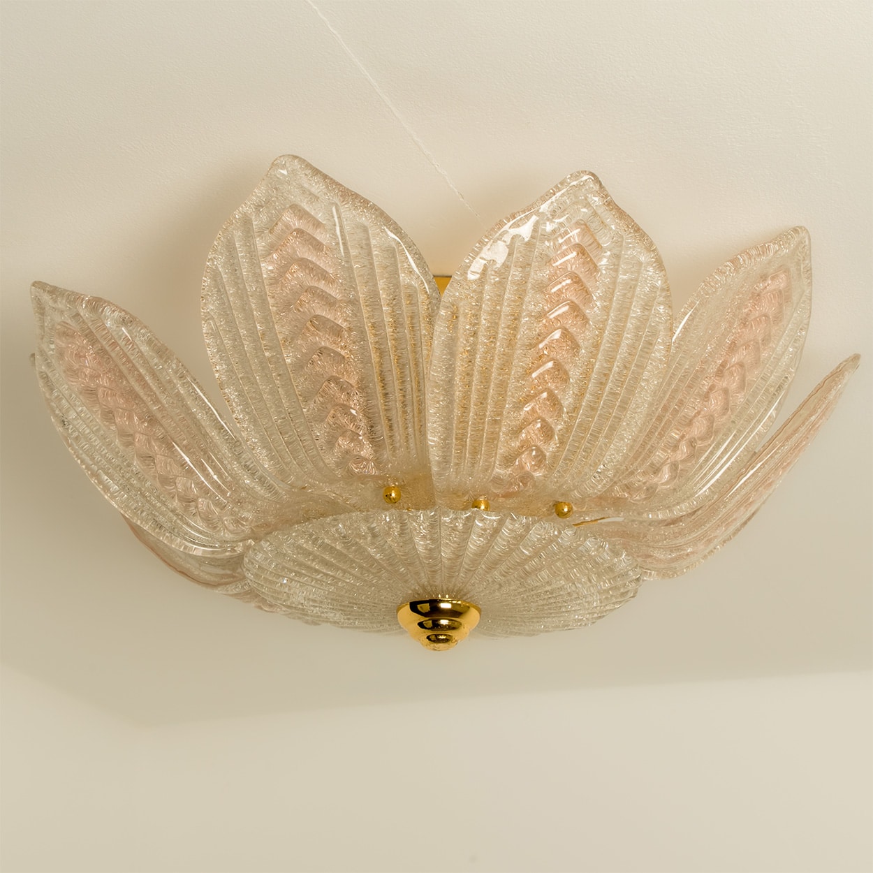 Beautiful Pink Clear Glass and Brass Flower Chandelier, in the style of Barovier