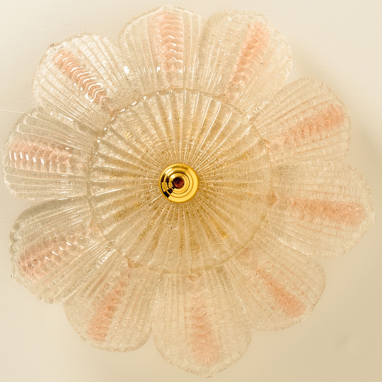 Beautiful Pink Clear Glass and Brass Flower Chandelier, in the style of Barovier
