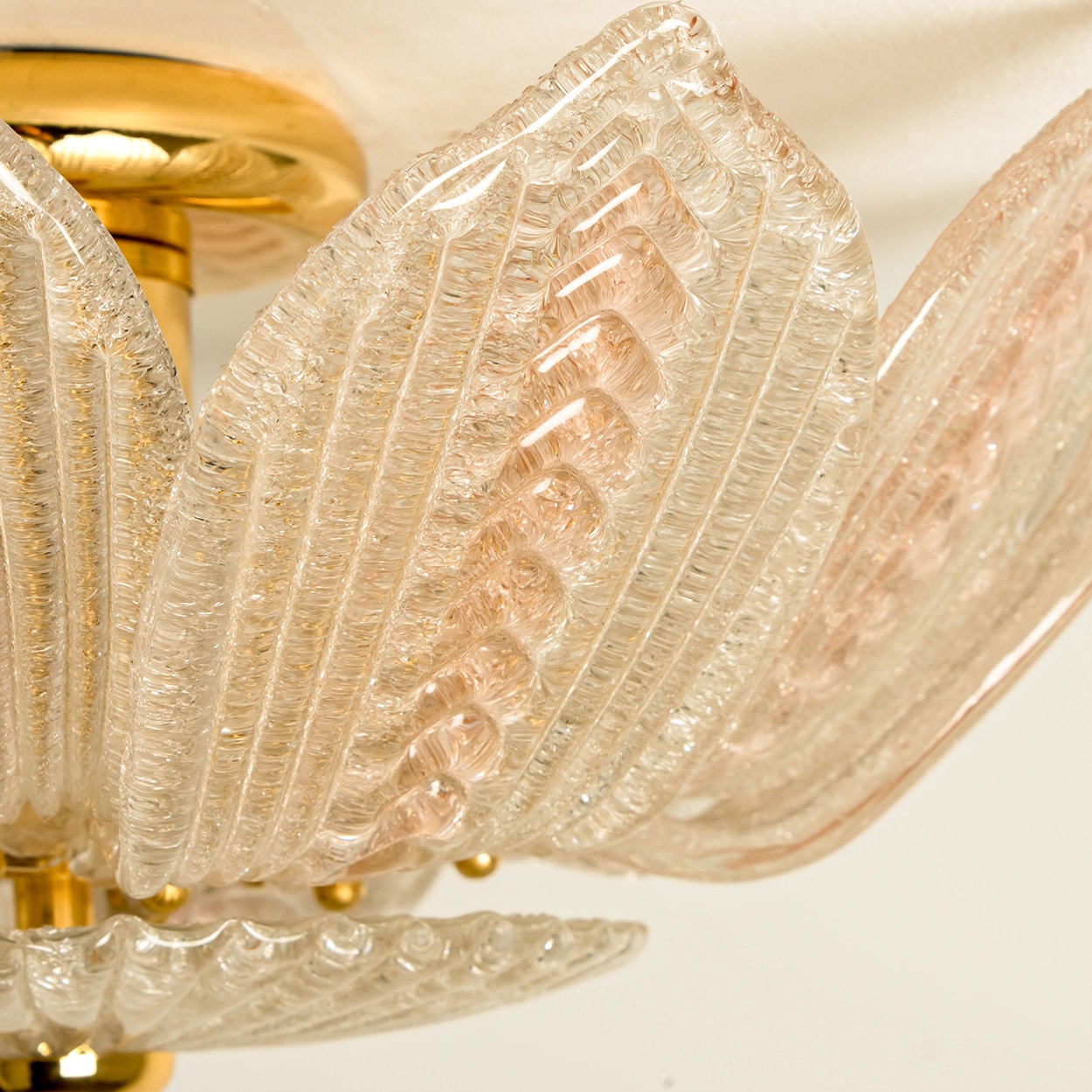 Beautiful Pink Clear Glass and Brass Flower Chandelier, in the style of Barovier