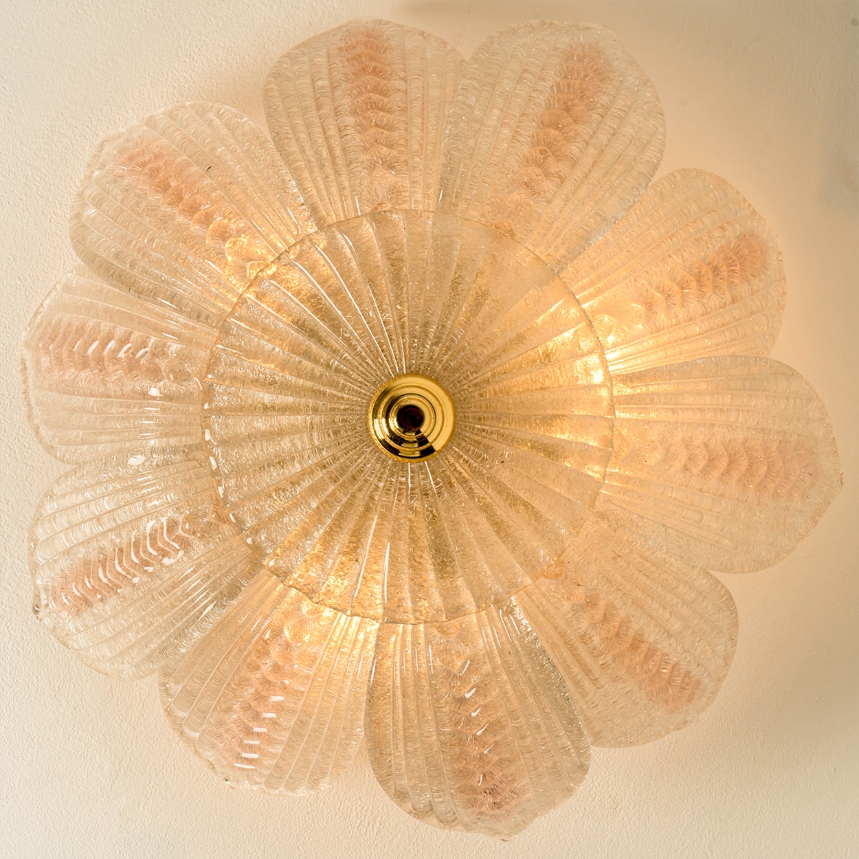Beautiful Pink Clear Glass and Brass Flower Chandelier, in the style of Barovier