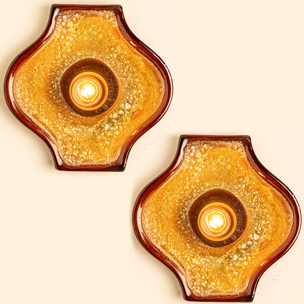 Set of 2 Ochre Oval Ceramic Wall Lights Fat Lava Style, 1970