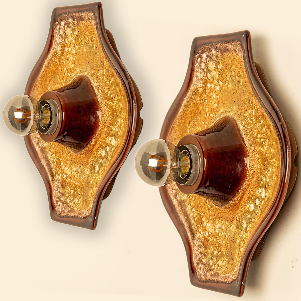 Set of 2 Ochre Oval Ceramic Wall Lights Fat Lava Style, 1970