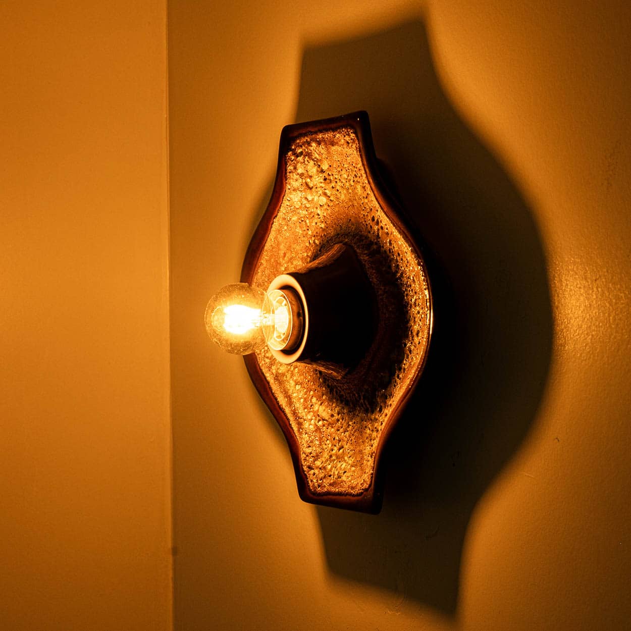 Set of 2 Ochre Oval Ceramic Wall Lights Fat Lava Style, 1970