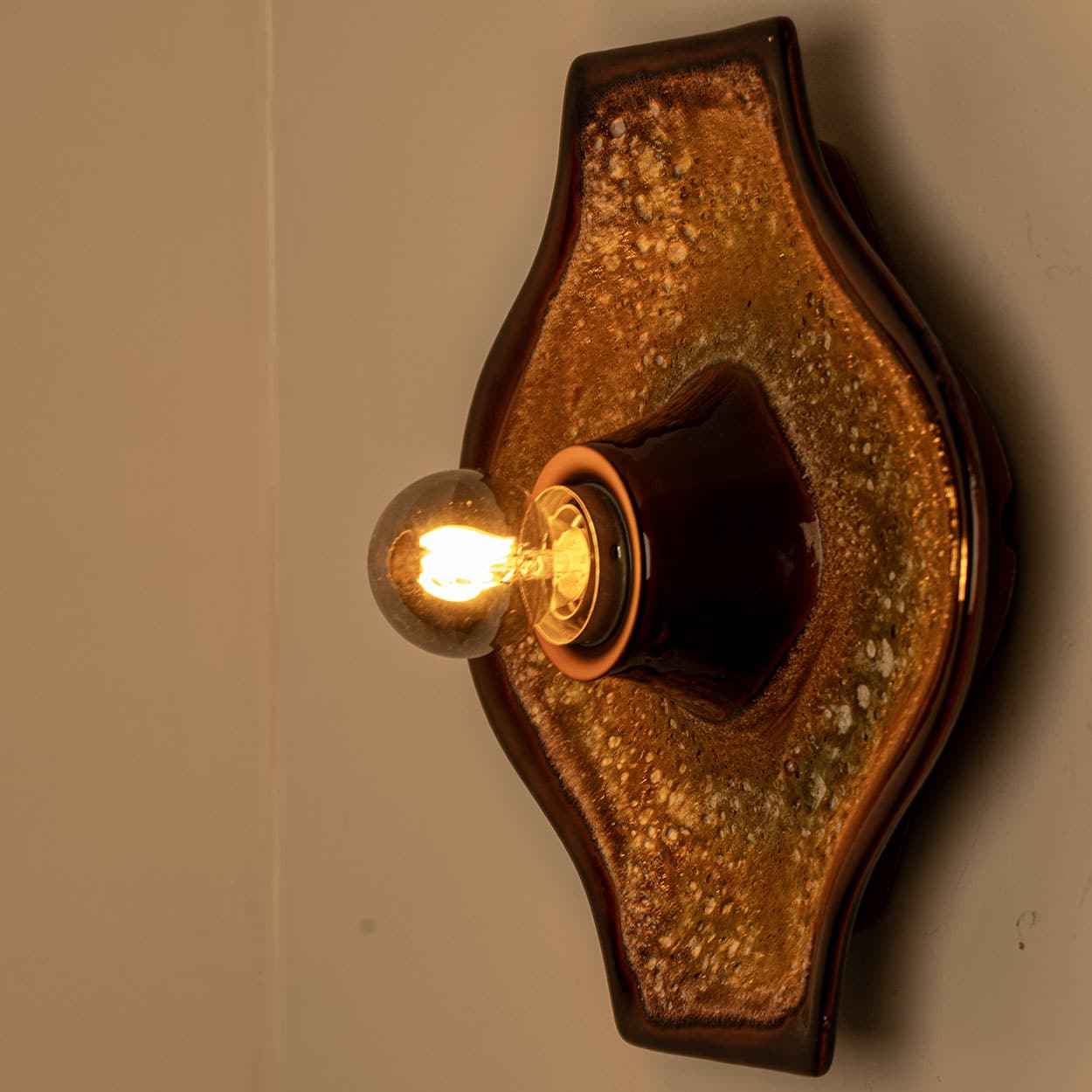 Set of 2 Ochre Oval Ceramic Wall Lights Fat Lava Style, 1970