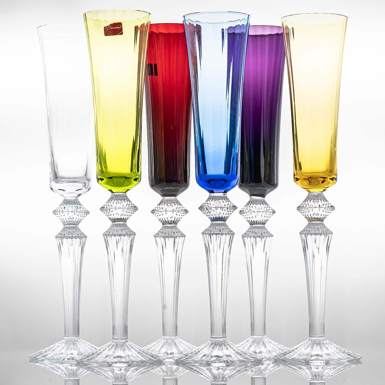 Set of 6 Multicolor Baccarat Mille Nuits Champagne Flutes, France