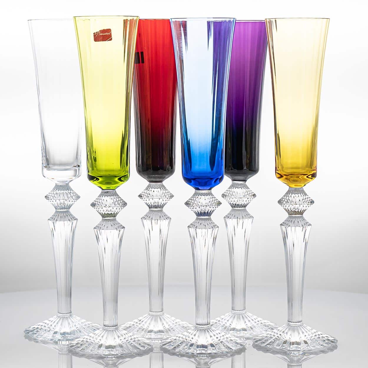 Set of 6 Multicolor Baccarat Mille Nuits Champagne Flutes, France