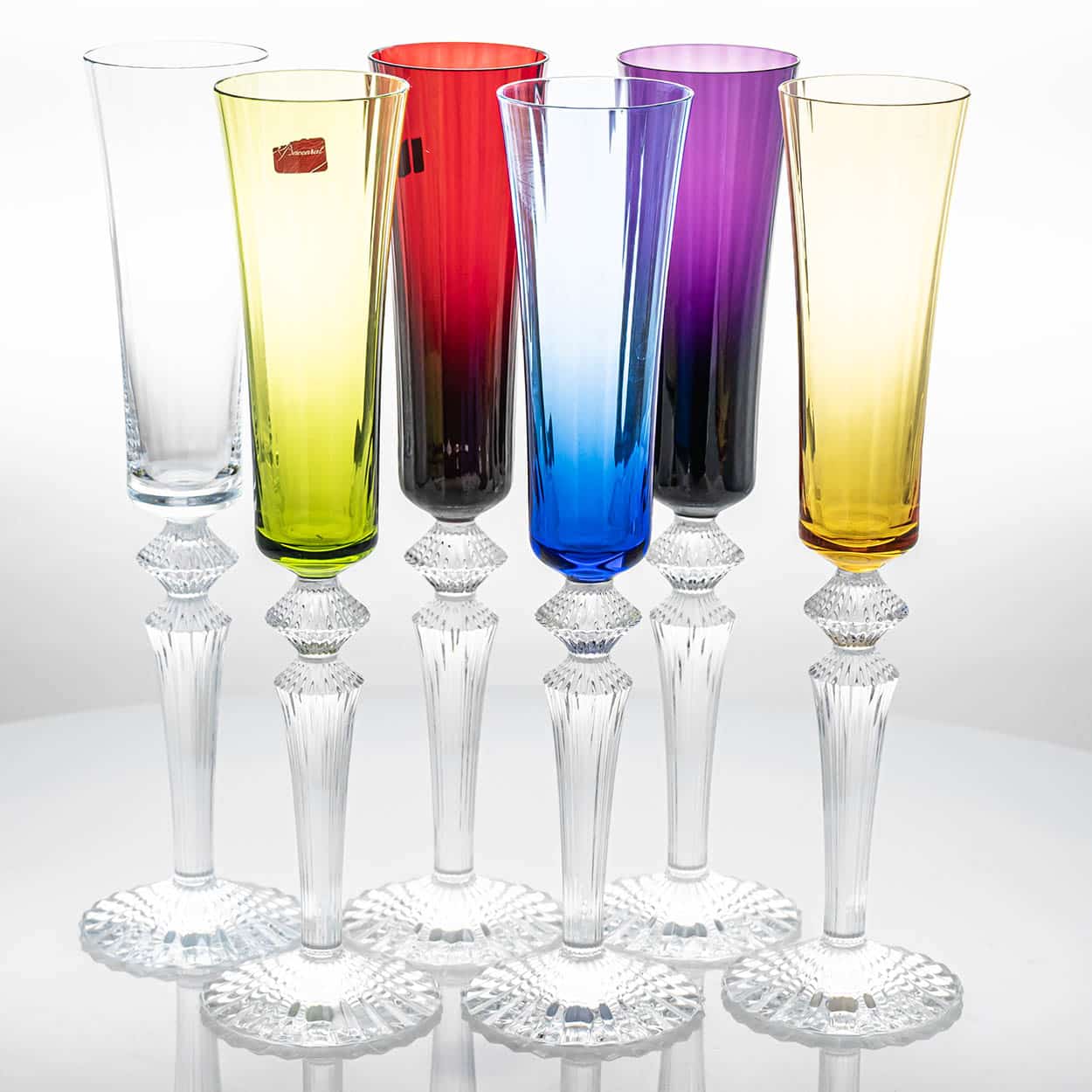 Set of 6 Multicolor Baccarat Mille Nuits Champagne Flutes, France