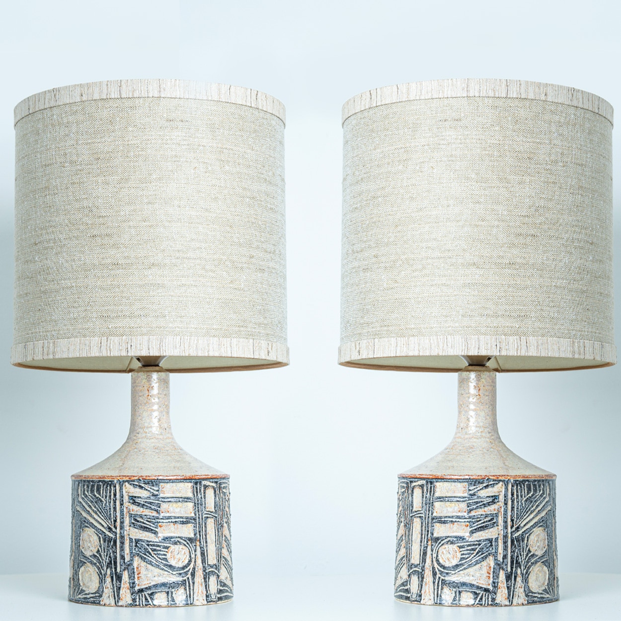 Pair of Large Grey Ceramic Table Lamps for Soholm with Silk Shade, Denmark 1960