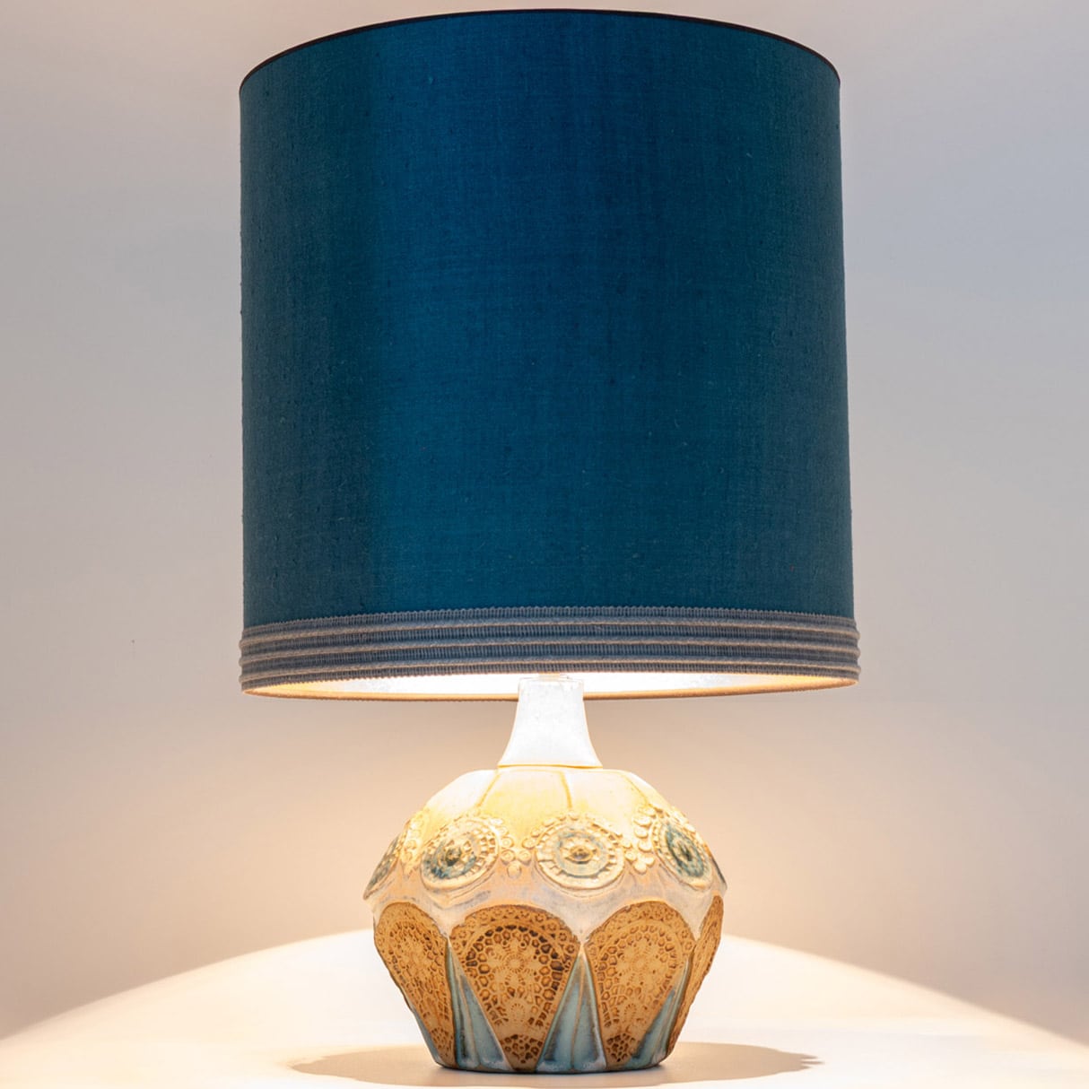 Round Ceramic Table Lamp with Custom Blue Silk Lampshade by René Houben