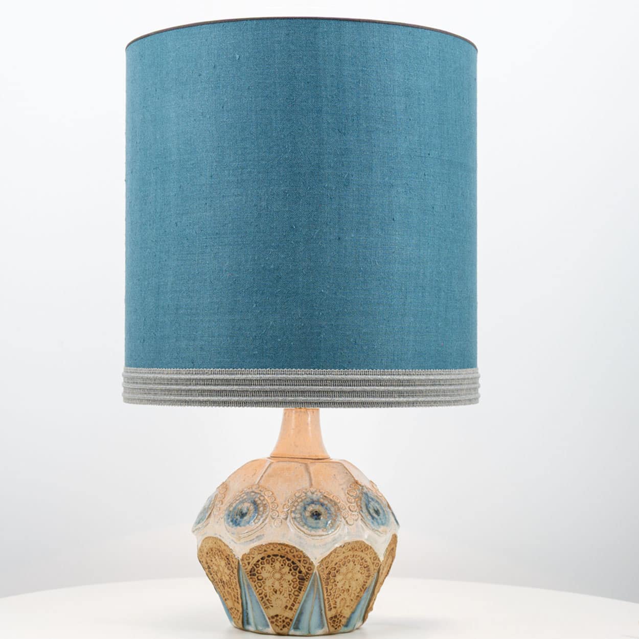 Round Ceramic Table Lamp with Custom Blue Silk Lampshade by René Houben