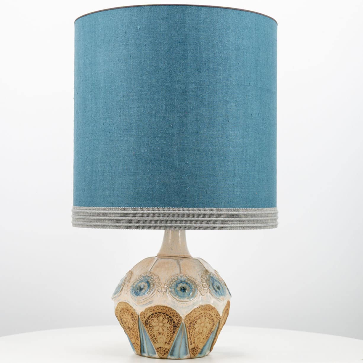 Round Ceramic Table Lamp with Custom Blue Silk Lampshade by René Houben