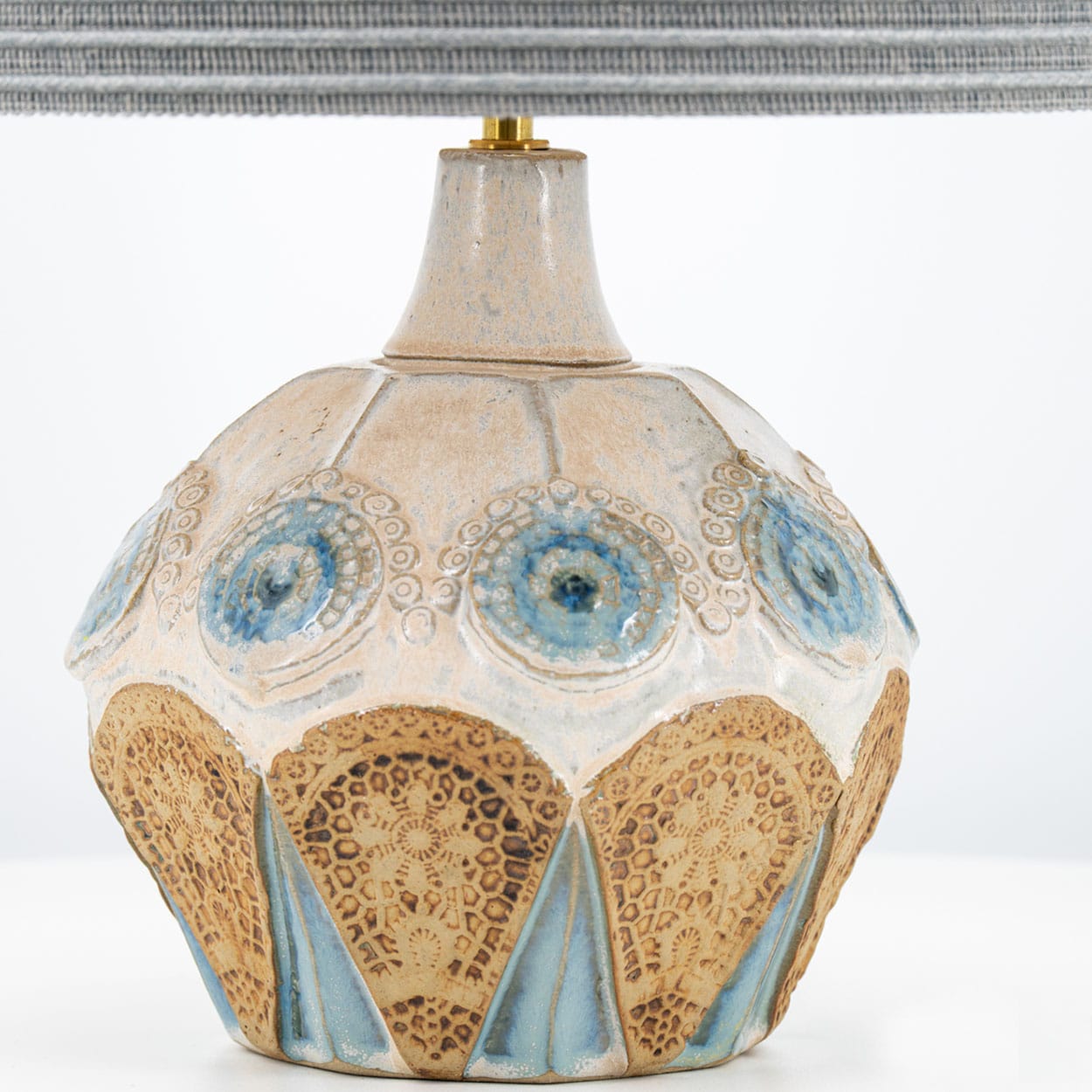 Round Ceramic Table Lamp with Custom Blue Silk Lampshade by René Houben