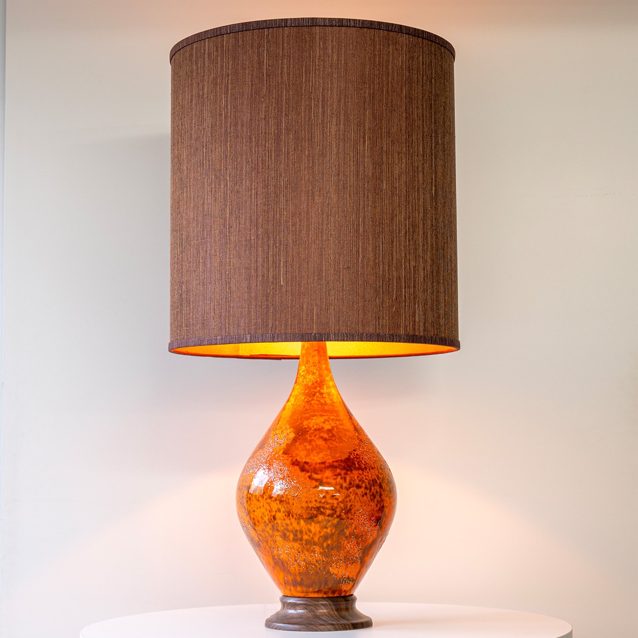 Orange Red Volcanic Glazed Ceramic Floor Lamp, Brown Lampshade by R. Houben