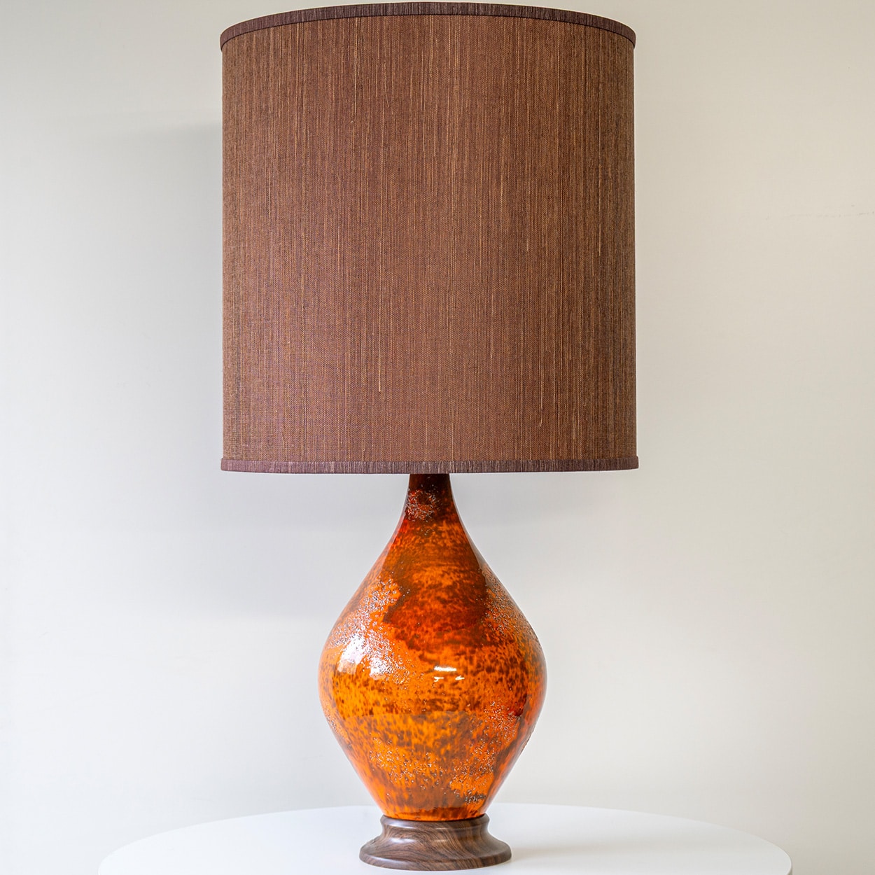 Orange Red Volcanic Glazed Ceramic Floor Lamp, Brown Lampshade by R. Houben