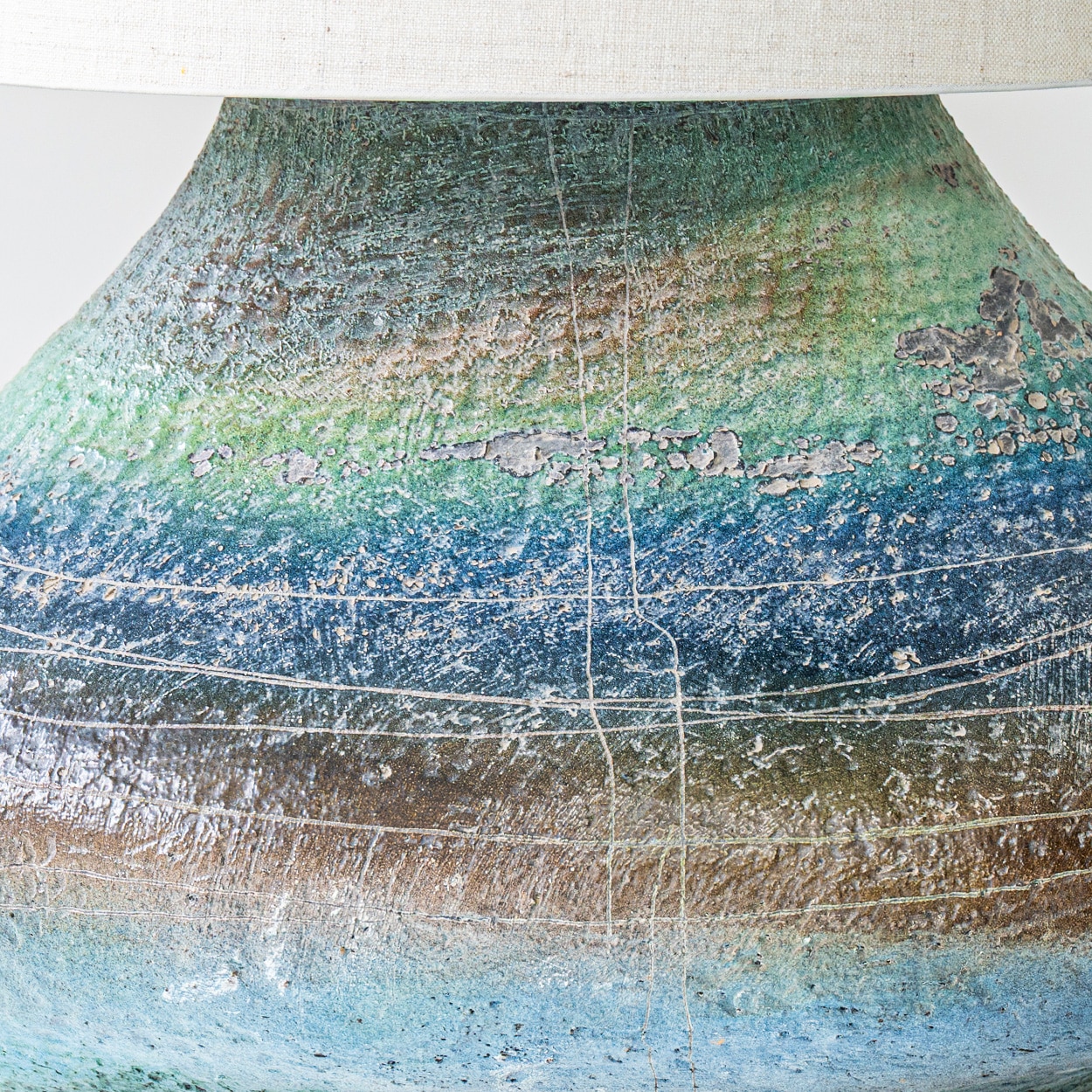 XL Multicolor Squat Bulbous Ceramic Lamp, Neutral Custom Lampshade by R. Houben