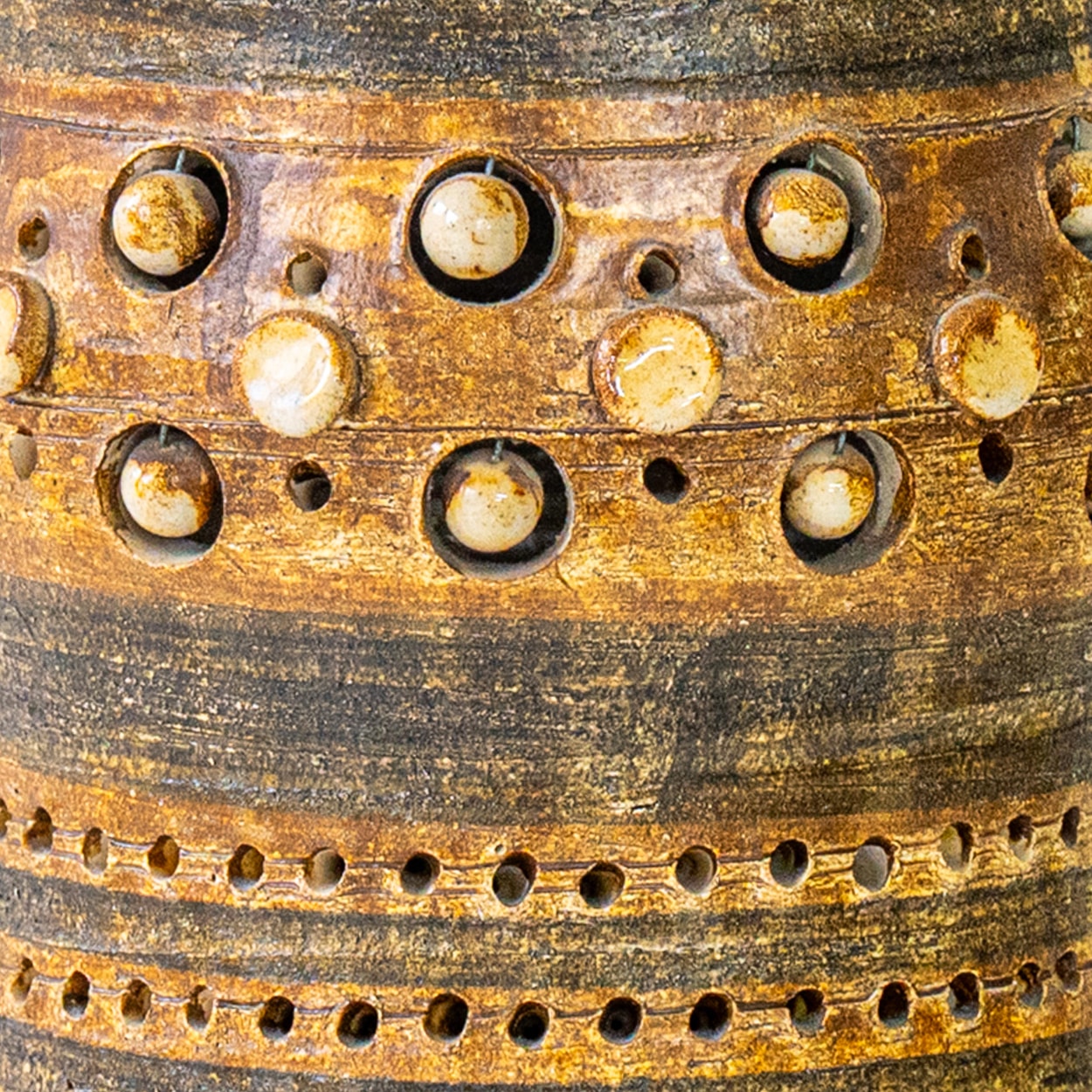 Georges Pelletier Ceramic Lamp, Custom Double Silk Rattan Lampshade by R. Houben