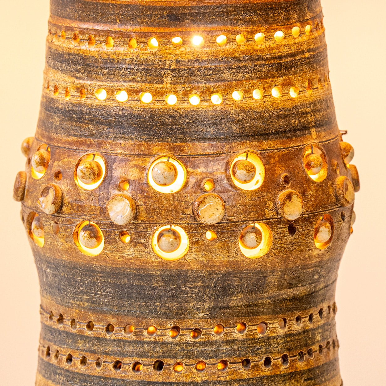 Georges Pelletier Ceramic Lamp, Custom Double Silk Rattan Lampshade by R. Houben