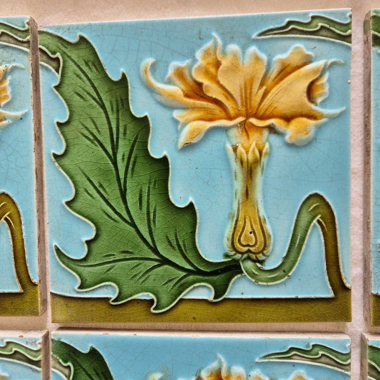 1 of the 18 Honey Yellow Flower Glazed Art Nouveau Relief Tiles, Maison Helman