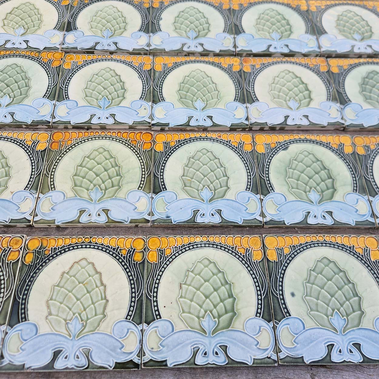 1 of the 33 Pinecones Antique Tiles, Societe Morialme circa 1920, Belgium