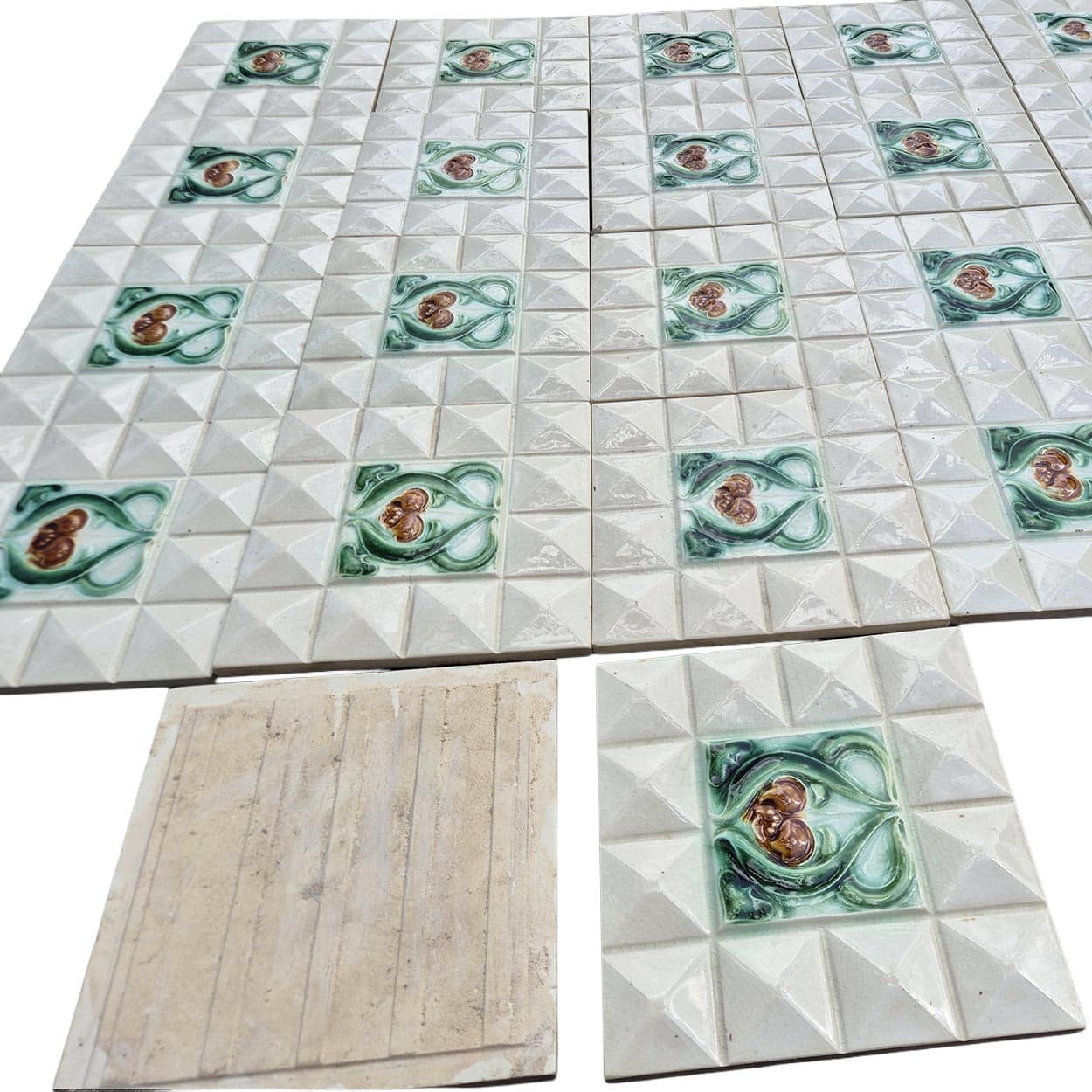 1 of the 60 Cream White Corners Art Deco Middle Glazed Tiles by Societe Morialme