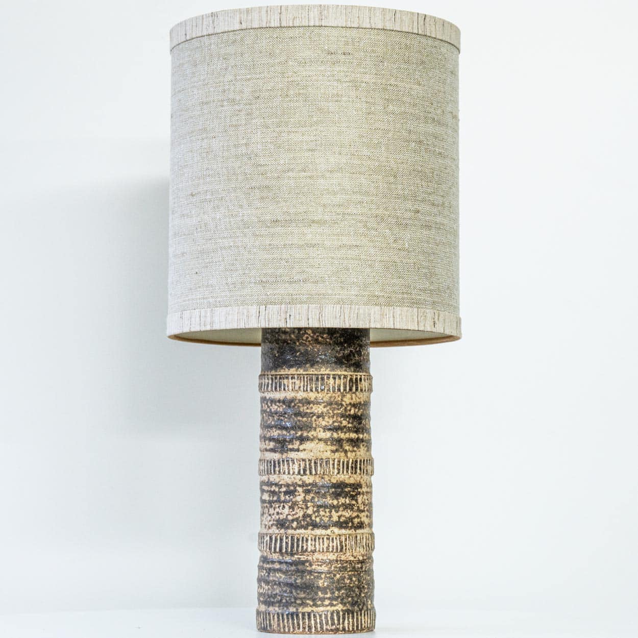 Beige Textured Ceramic Floor Table Lamp, Custom Matching Lampshade by R. Houben