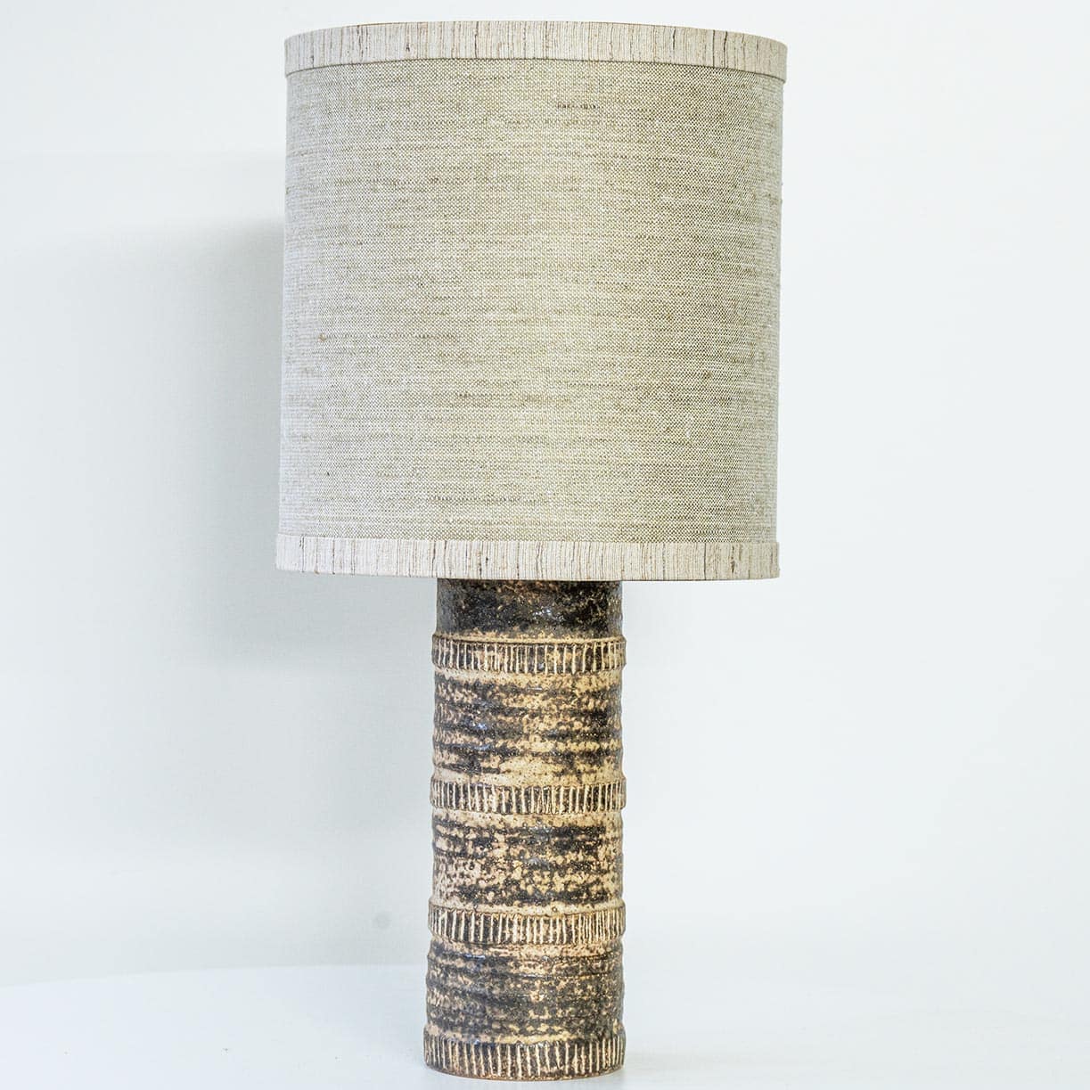 Beige Textured Ceramic Floor Table Lamp, Custom Matching Lampshade by R. Houben