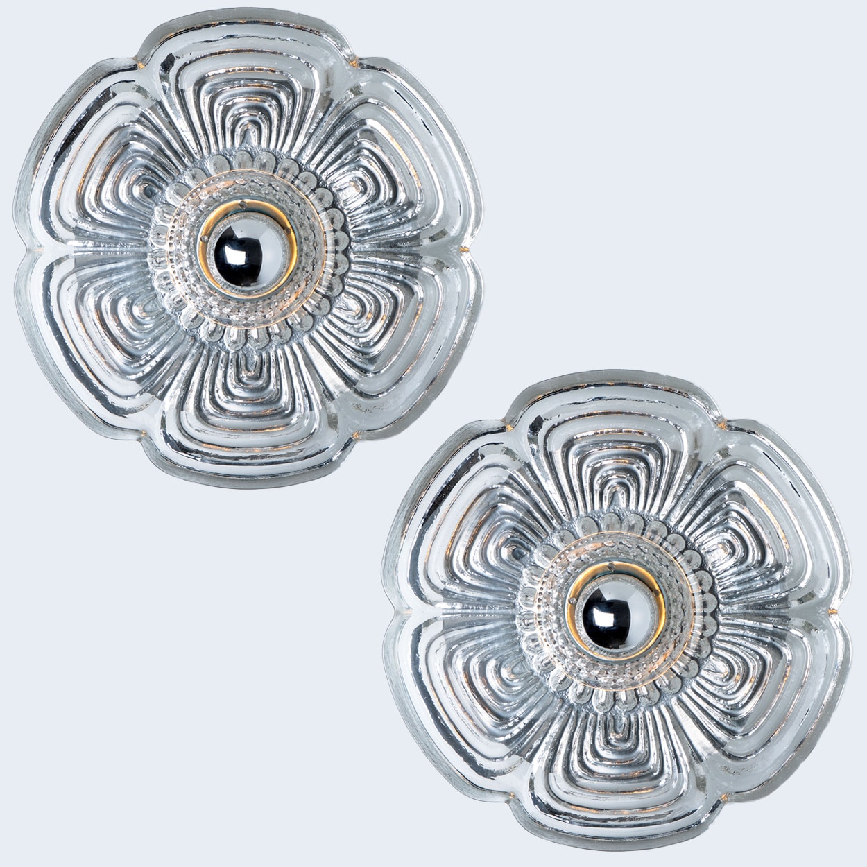 Pair Flower Glass Wall lights Flush Mounts by Heinz Neuhaus Leuchten, 1970