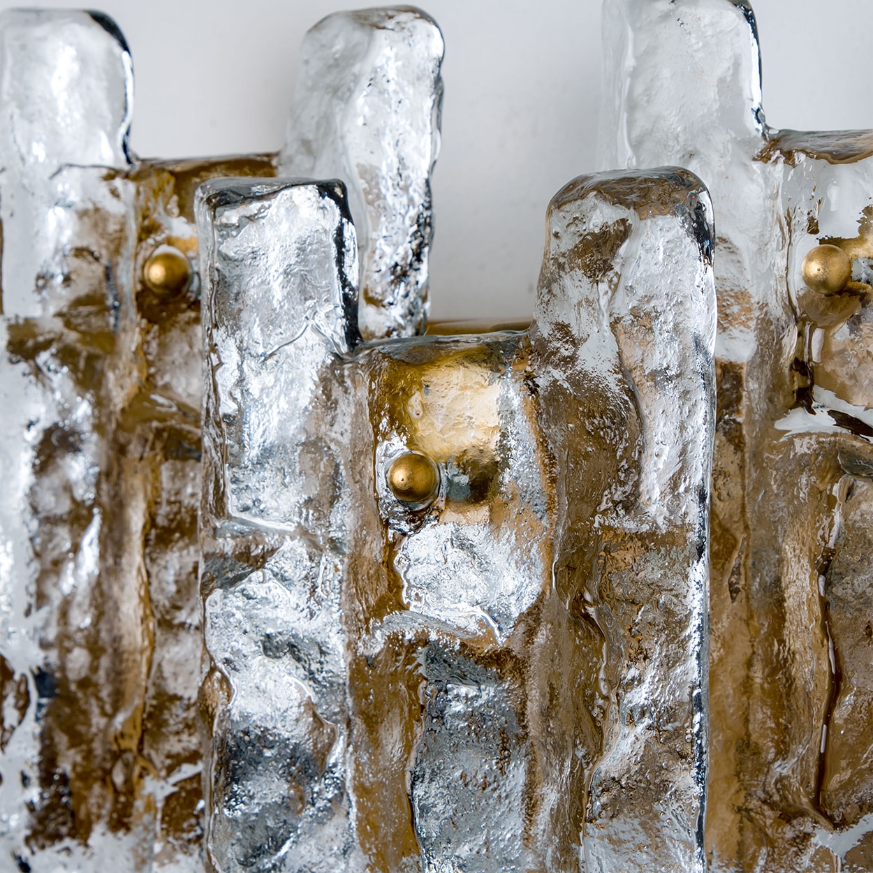 1 of the 3 Textured Ice glass Brass Wall Lights Kalmar, 1970s