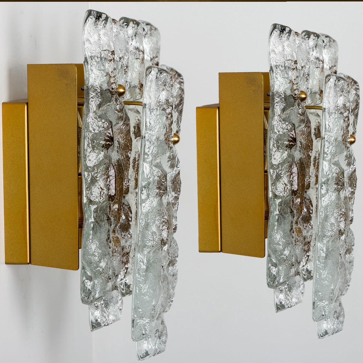 1 of the 3 Textured Ice glass Brass Wall Lights Kalmar, 1970s
