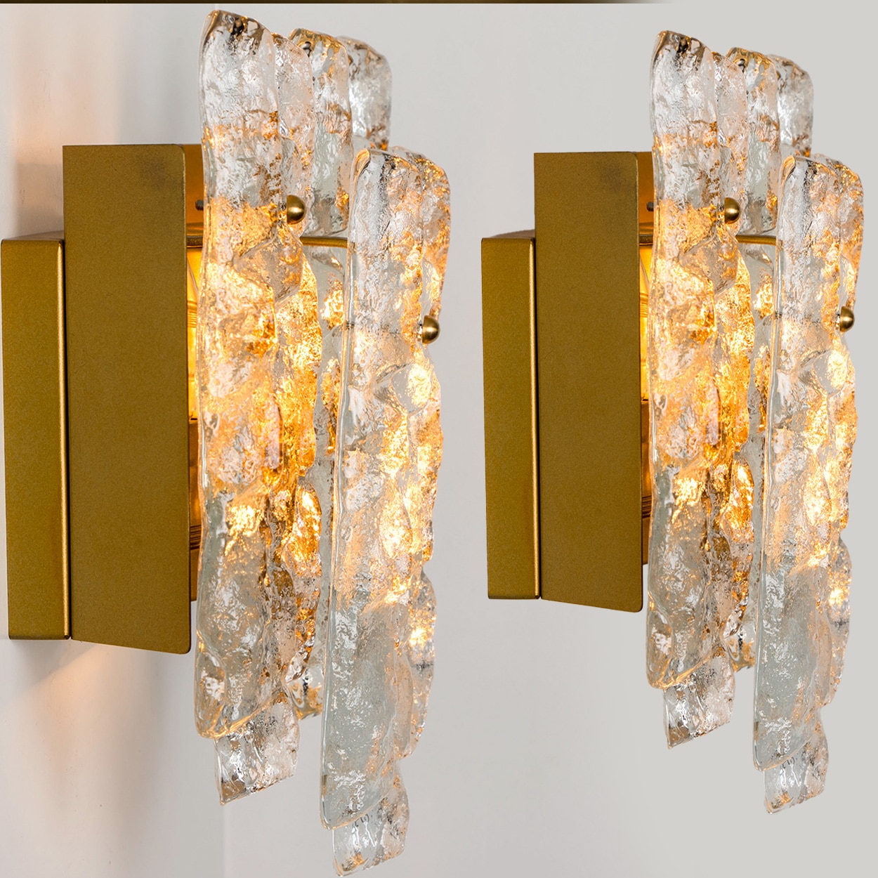 1 of the 3 Textured Ice glass Brass Wall Lights Kalmar, 1970s